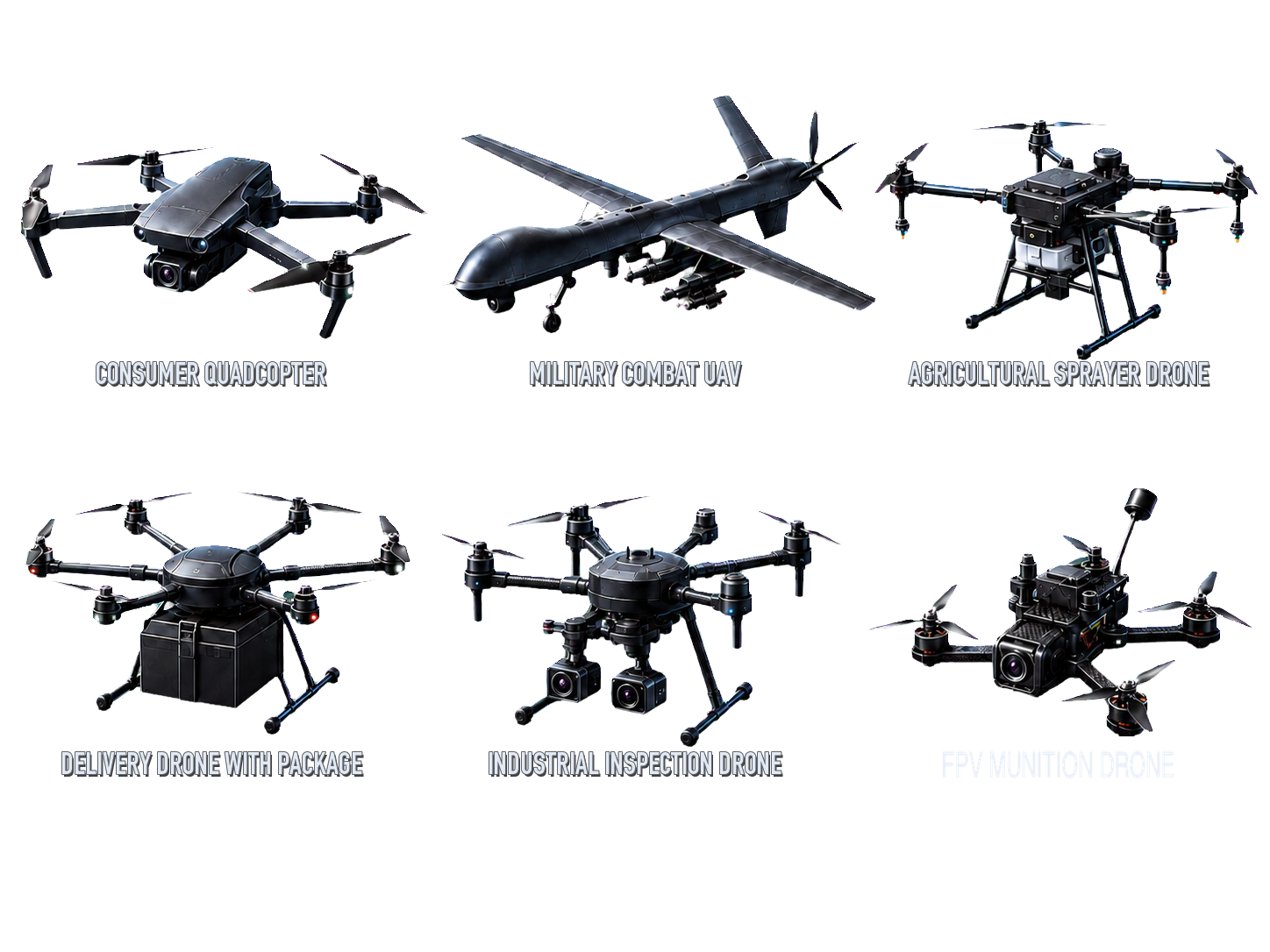 Six drone platform types: consumer, military, agricultural, delivery, industrial inspection, and FPV munition