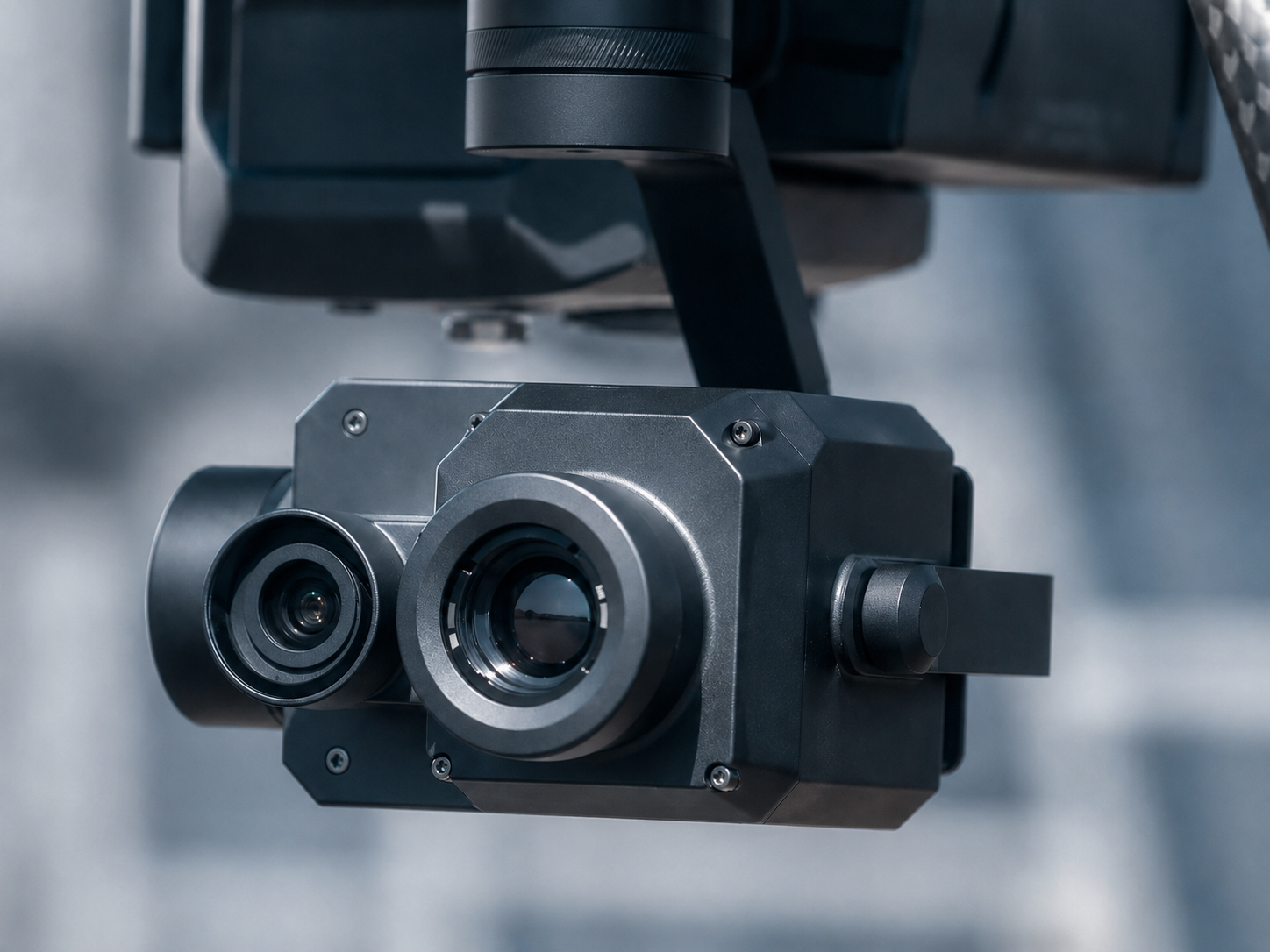 Thermal camera payload integrated below a drone gimbal