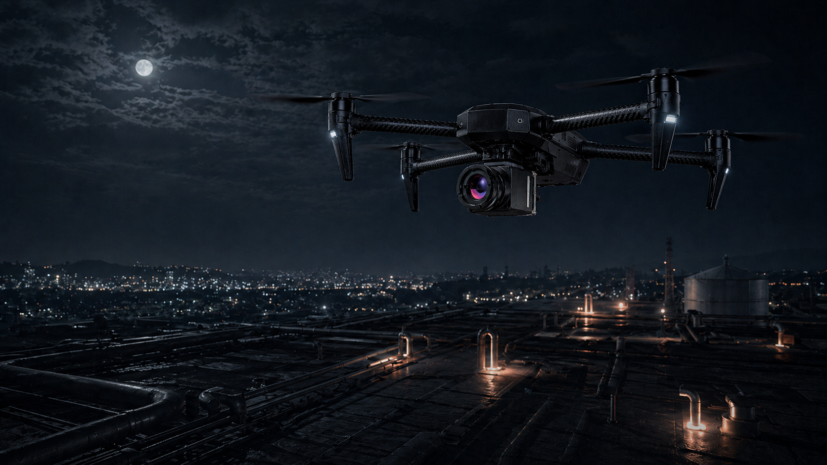 Drone with a thermal camera flying over a dark industrial roof at night