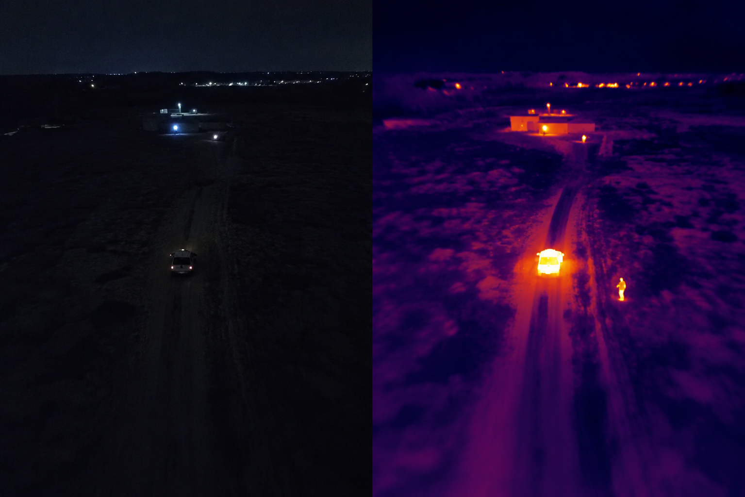 Split drone view comparing normal low-light footage with thermal infrared footage